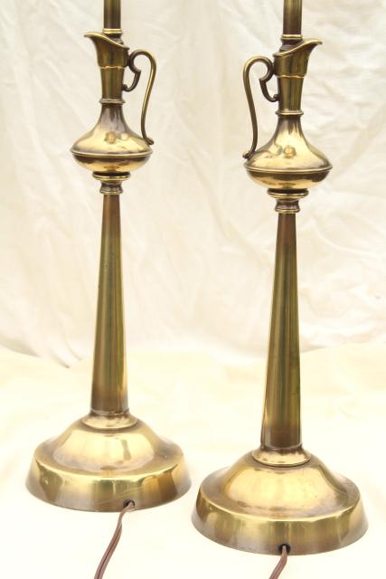 photo of vintage Rembrandt lamp pair, tall table lamps w/ brass urns, diffuser torchiere shades #10