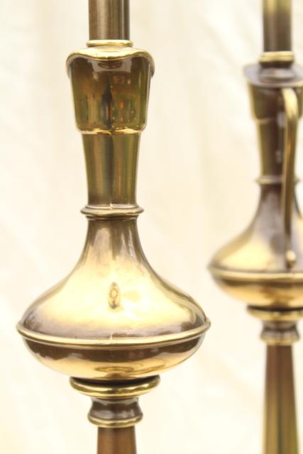 photo of vintage Rembrandt lamp pair, tall table lamps w/ brass urns, diffuser torchiere shades #11