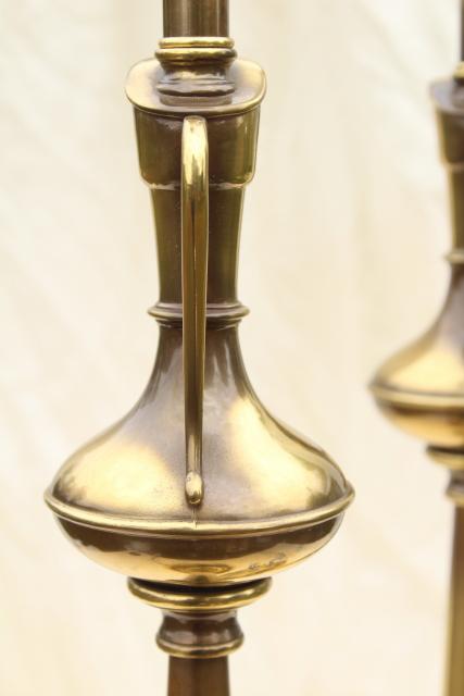 photo of vintage Rembrandt lamp pair, tall table lamps w/ brass urns, diffuser torchiere shades #12