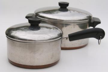 catalog photo of vintage Revere Ware copper clad bottom stainless 2 qt saucepan, 4 1/2 qt stock pot w/ lids