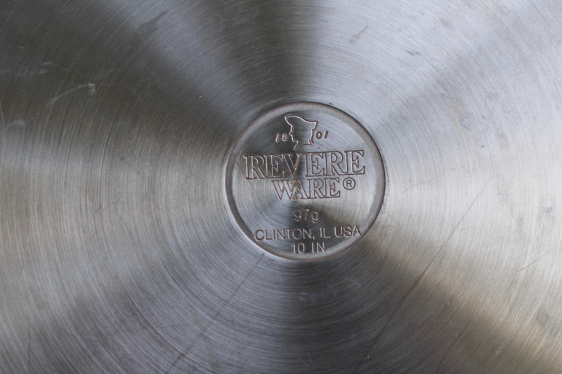 photo of vintage Revere Ware tri-ply stainless skillets, lot of two 10 inch frying pans no lids  #2