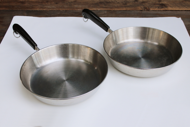 photo of vintage Revere Ware tri-ply stainless skillets, lot of two 10 inch frying pans no lids  #5