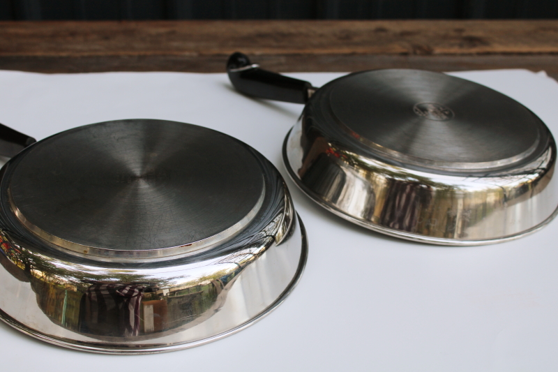 photo of vintage Revere Ware tri-ply stainless skillets, lot of two 10 inch frying pans no lids  #6