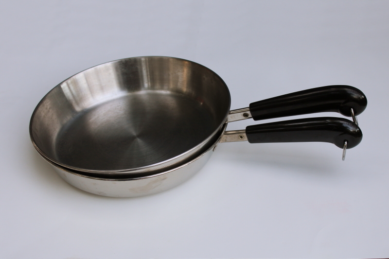photo of vintage Revere Ware tri-ply stainless skillets, lot of two 10 inch frying pans no lids  #9