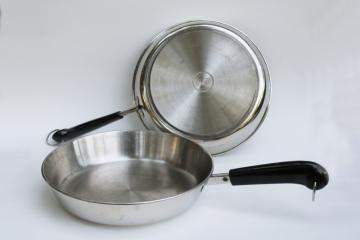 catalog photo of vintage Revere Ware tri-ply stainless skillets, lot of two 10 inch frying pans no lids