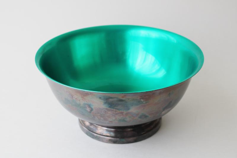 photo of vintage Revere style bowl, emerald green color lined silver plate dish #1
