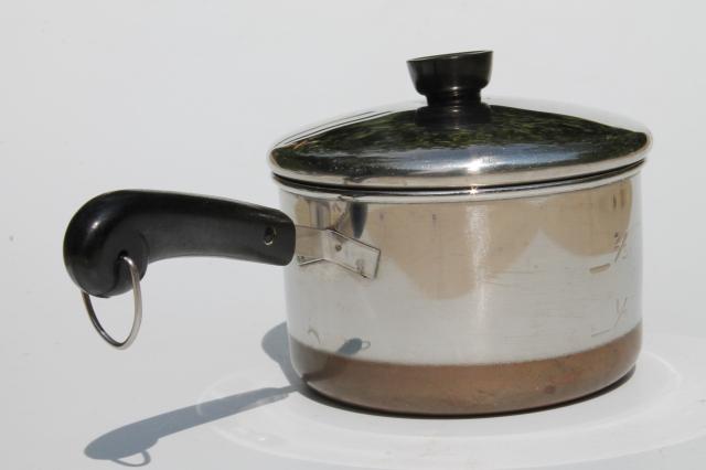 photo of vintage RevereWare toy kitchen cookware, child's size Revere Ware copper bottom stainless pots #3