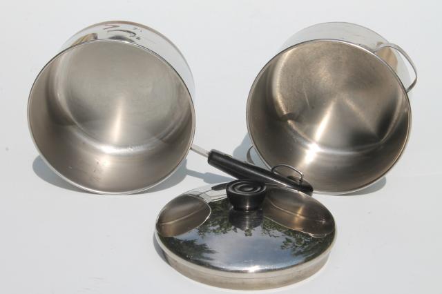 photo of vintage RevereWare toy kitchen cookware, child's size Revere Ware copper bottom stainless pots #6