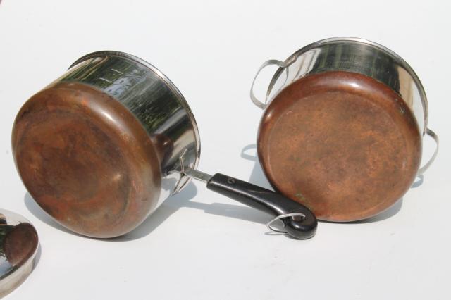 photo of vintage RevereWare toy kitchen cookware, child's size Revere Ware copper bottom stainless pots #7