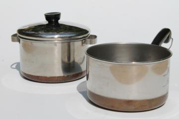 catalog photo of vintage RevereWare toy kitchen cookware, child's size Revere Ware copper bottom stainless pots