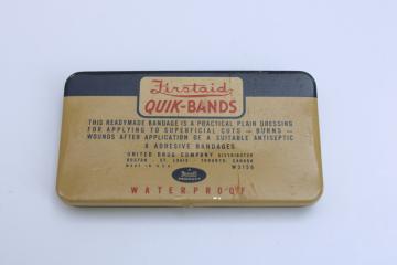 catalog photo of vintage Rexall metal tin for FirstAid bandages Band-Aid type Qwik Bands 