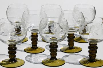 catalog photo of vintage Rhein (Rhine) wine glasses, Bavaria glass etched grapes clear bowls w/ green stems