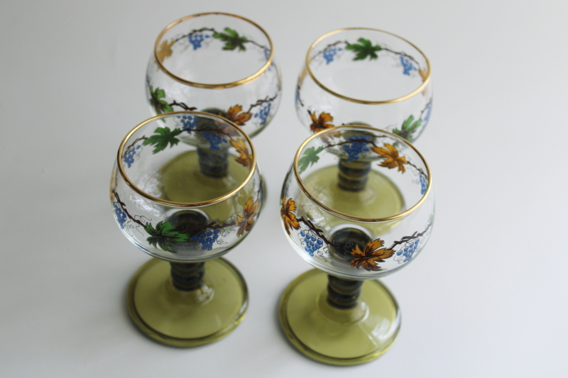 photo of vintage Rhine wine glasses set, Roemer green stemmed goblets w/ blue grapes  #3