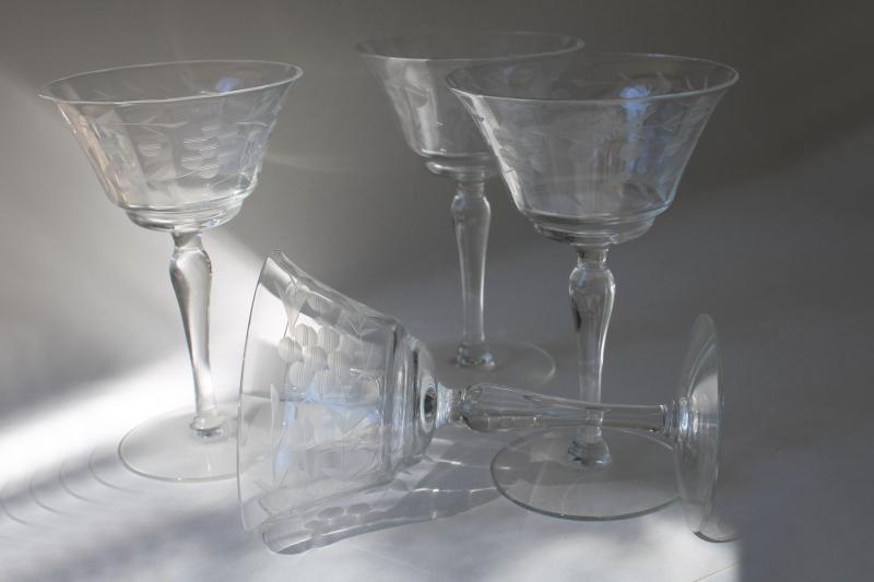 photo of vintage Rock Sharpe Libbey etched glass stemware, panel optic champagne glasses #1