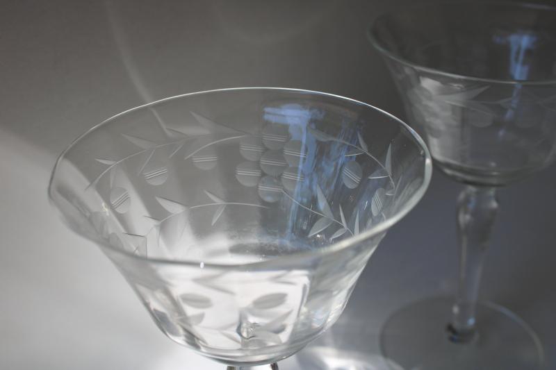 photo of vintage Rock Sharpe Libbey etched glass stemware, panel optic champagne glasses #2