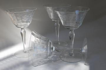 catalog photo of vintage Rock Sharpe Libbey etched glass stemware, panel optic champagne glasses