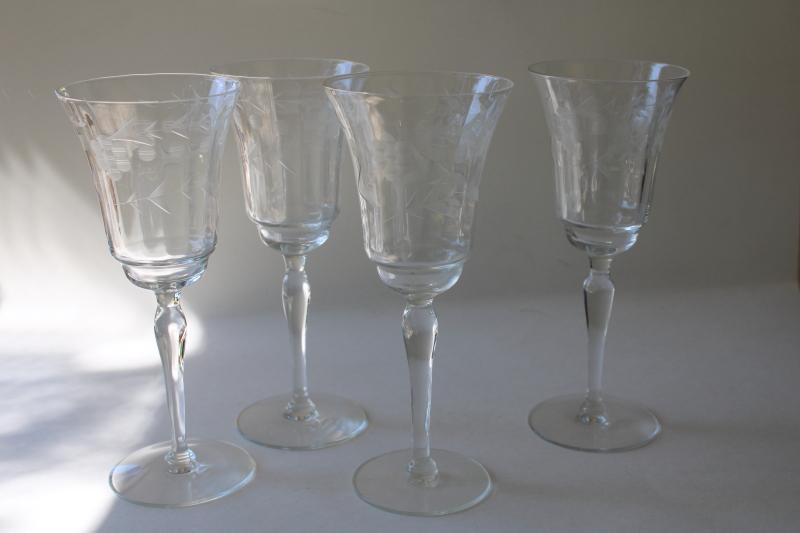 photo of vintage Rock Sharpe Libbey etched glass stemware, panel optic water / wine glasses #1