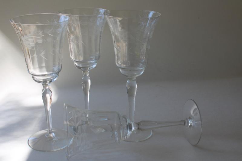 photo of vintage Rock Sharpe Libbey etched glass stemware, panel optic water / wine glasses #2