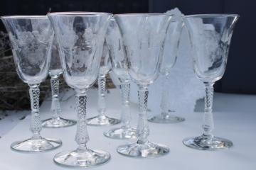 catalog photo of vintage Rock Sharpe Libbey etched glass stemware tall water goblets wine glasses 3007-12