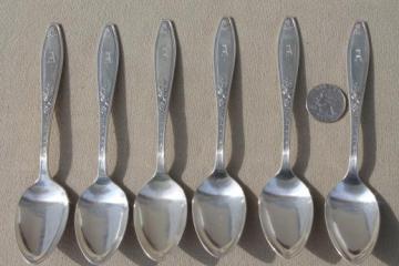 catalog photo of vintage Rockford silver plate flatware engraved A monogram tea spoons set, antique silverware dated 1929