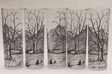 catalog photo of vintage Rocky Mountain highballs - tall bar glasses w/ cabin in the snow winter scene