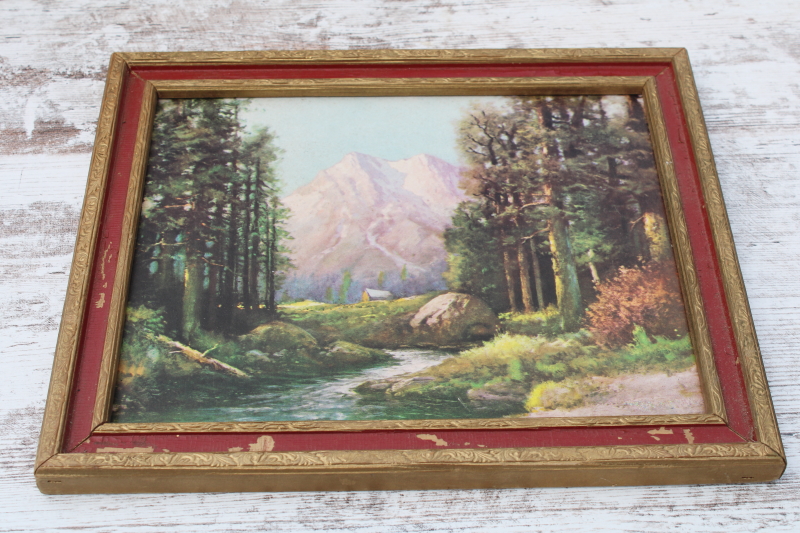 photo of vintage Rocky Mountains peaceful woodland landscape print, gold painted wood frame #1