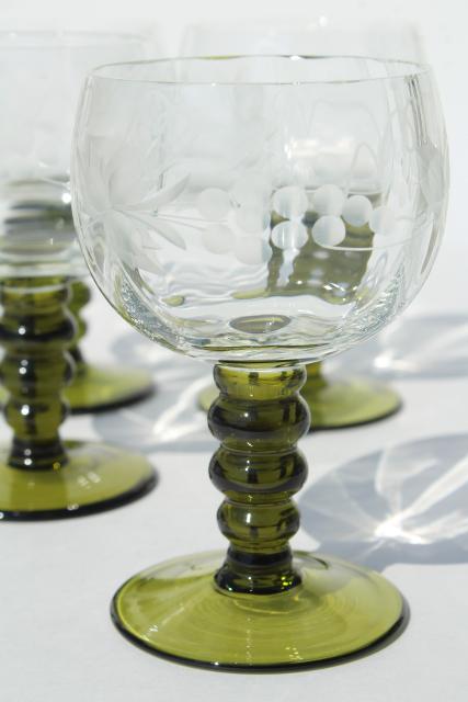 photo of vintage Roemer Rhein wine glasses, green stem etched glass low goblets #2