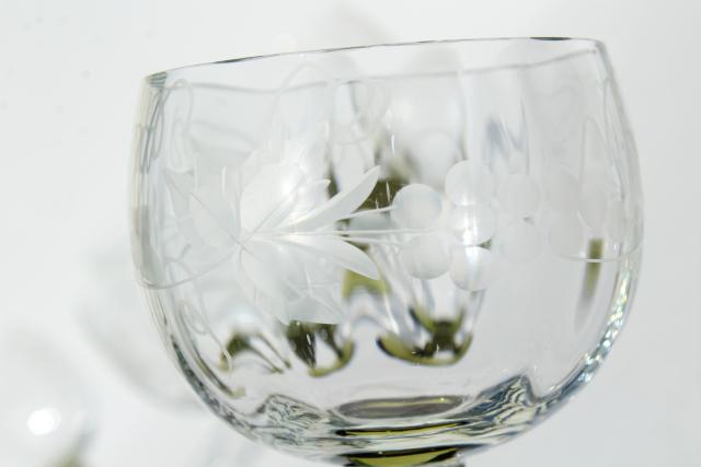 photo of vintage Roemer Rhein wine glasses, green stem etched glass low goblets #4