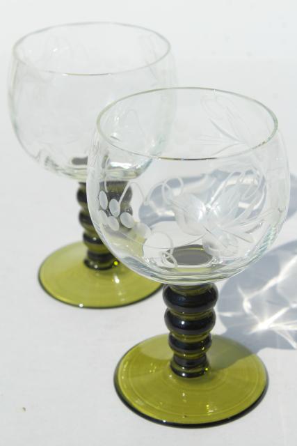 photo of vintage Roemer Rhein wine glasses, green stem etched glass low goblets #7