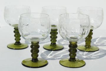 catalog photo of vintage Roemer Rhein wine glasses, green stem etched glass low goblets