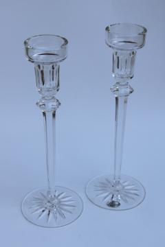 catalog photo of vintage Rogaska crystal candle holders, Richmond candlesticks pair etched mark & label 