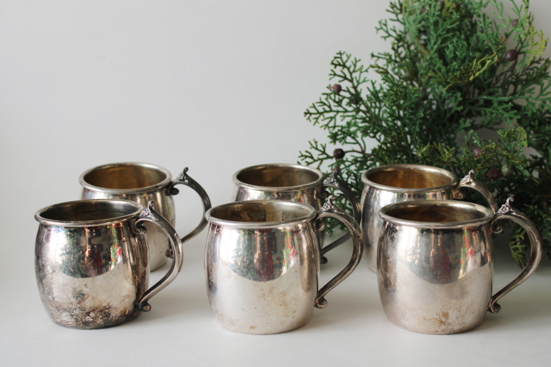 photo of vintage Rogers silver plate punch cups, tiny mugs in an antique Victorian style, tarnished silver  #1