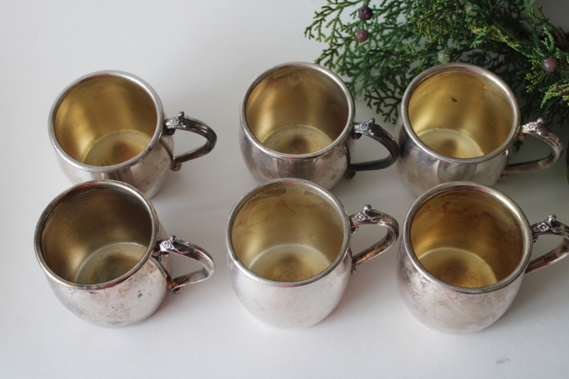 photo of vintage Rogers silver plate punch cups, tiny mugs in an antique Victorian style, tarnished silver  #2