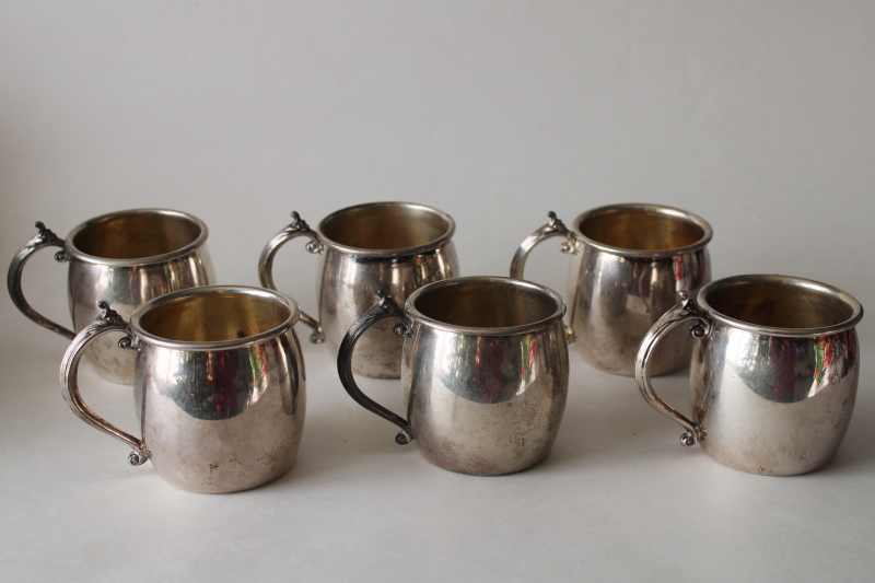 photo of vintage Rogers silver plate punch cups, tiny mugs in an antique Victorian style, tarnished silver  #6