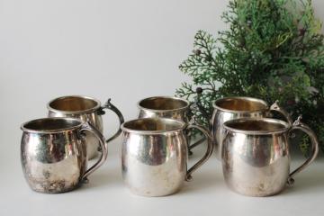 vintage Rogers silver plate punch cups, tiny mugs in an antique Victorian style, tarnished silver 