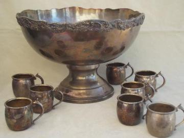 catalog photo of vintage Rogers silver punch set, silver plate punch bowl & 8 punch cups