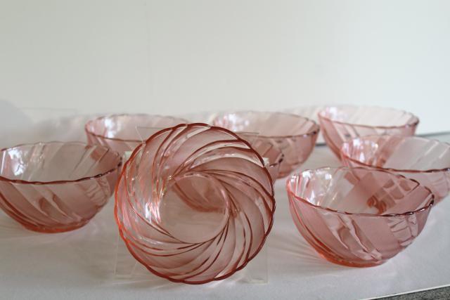 photo of vintage Rosa pink Arcoroc textured swirl glass bowls, rose blush depression glass color #2