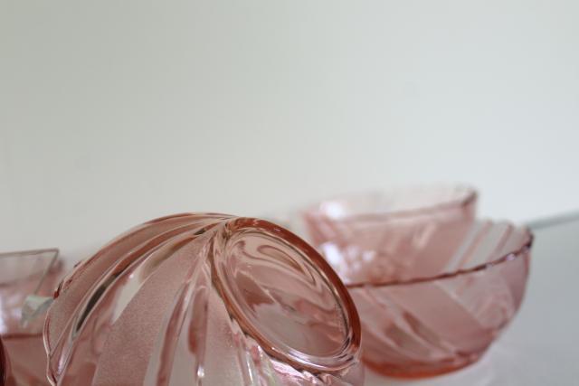 photo of vintage Rosa pink Arcoroc textured swirl glass bowls, rose blush depression glass color #3