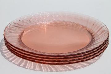 catalog photo of vintage Rosaline pink swirl glass plates set of 4, Arcoroc France depression glass