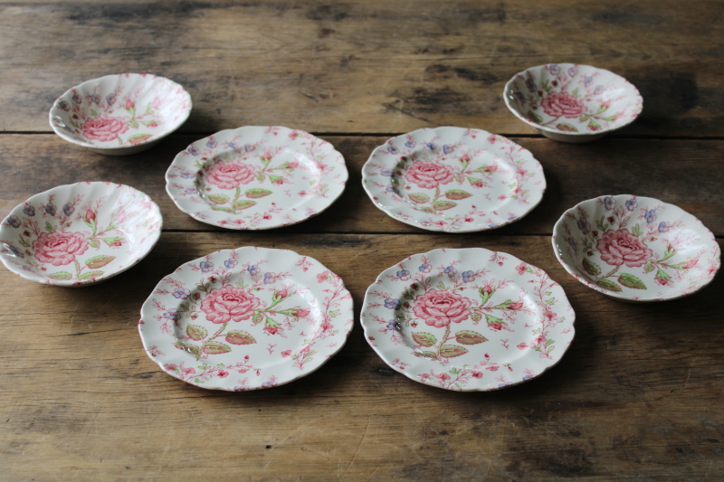 photo of vintage Rose Chintz china Johnson Bros England, cake plates & dessert dishes set for 4 #1