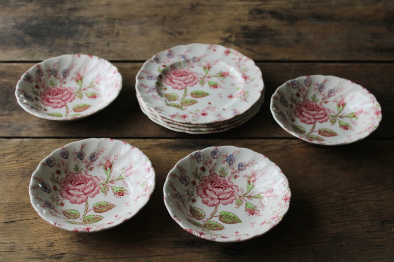 photo of vintage Rose Chintz china Johnson Bros England, cake plates & dessert dishes set for 4  #4