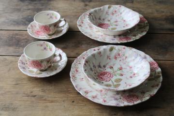 catalog photo of vintage Rose Chintz china Johnson Bros England, dinner plates, bowls, cups & saucers 