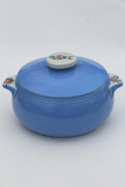 photo of vintage Rose Parade Hall china casserole baking dish w/ lid, sky blue w/ wild roses  #1