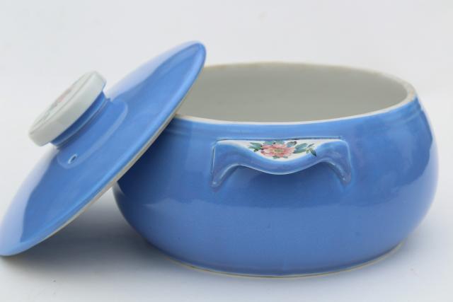 photo of vintage Rose Parade Hall china casserole baking dish w/ lid, sky blue w/ wild roses  #3