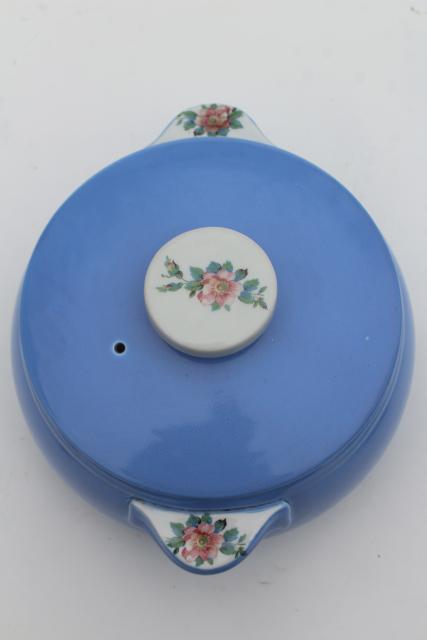 photo of vintage Rose Parade Hall china casserole baking dish w/ lid, sky blue w/ wild roses  #4