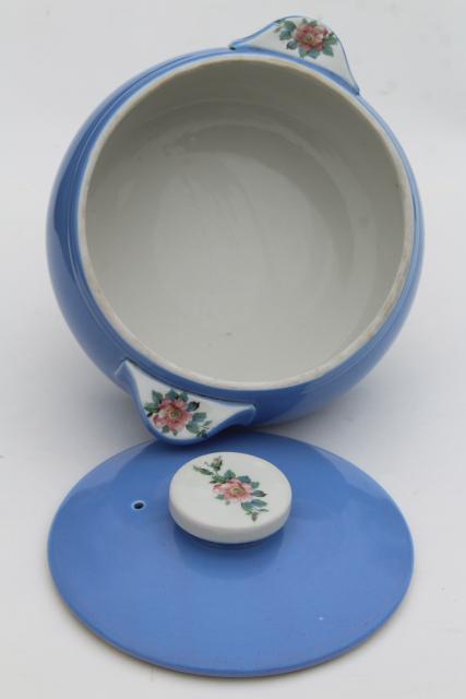 photo of vintage Rose Parade Hall china casserole baking dish w/ lid, sky blue w/ wild roses  #5