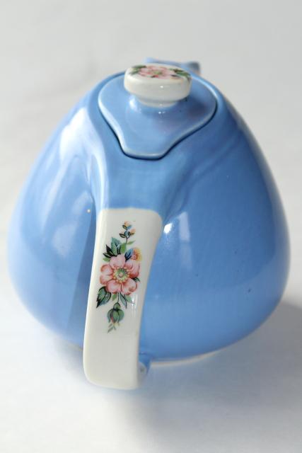 photo of vintage Rose Parade Hall china teapot, art deco streamline shape, sky blue w/ wild roses #2