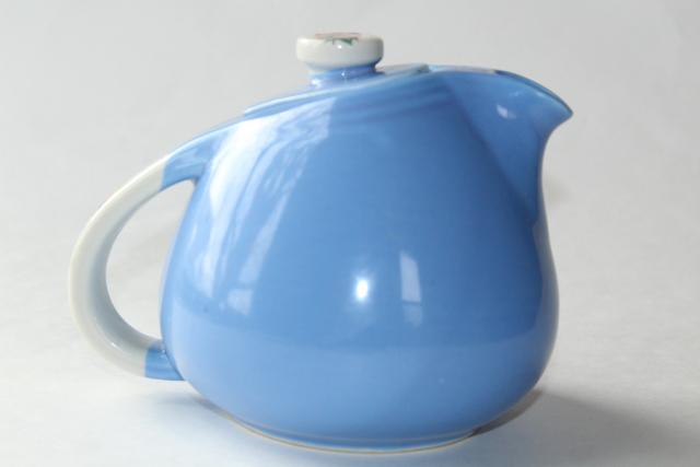 photo of vintage Rose Parade Hall china teapot, art deco streamline shape, sky blue w/ wild roses #3