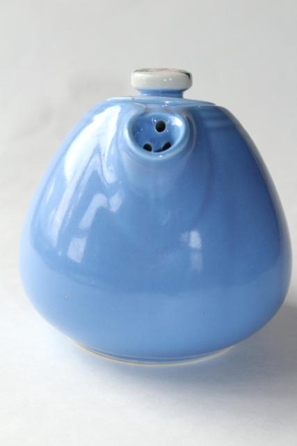 photo of vintage Rose Parade Hall china teapot, art deco streamline shape, sky blue w/ wild roses #4