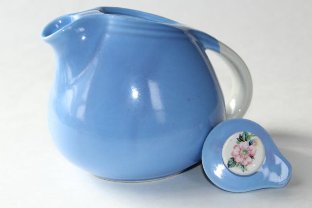 photo of vintage Rose Parade Hall china teapot, art deco streamline shape, sky blue w/ wild roses #5